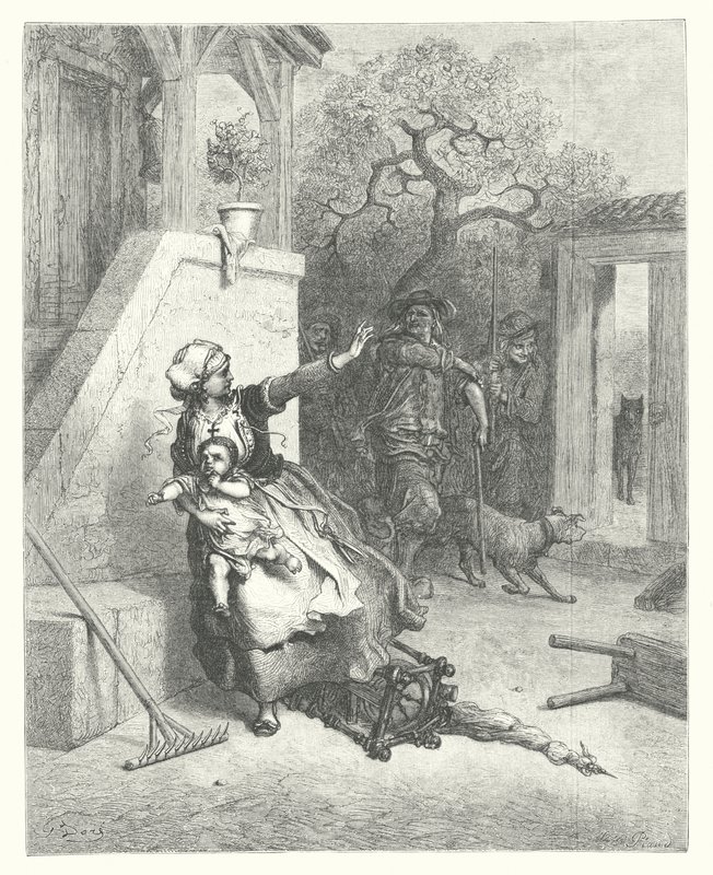 De fabels van La Fontaine: De wolf, de moeder en het kind (gravure) door Gustave Dore