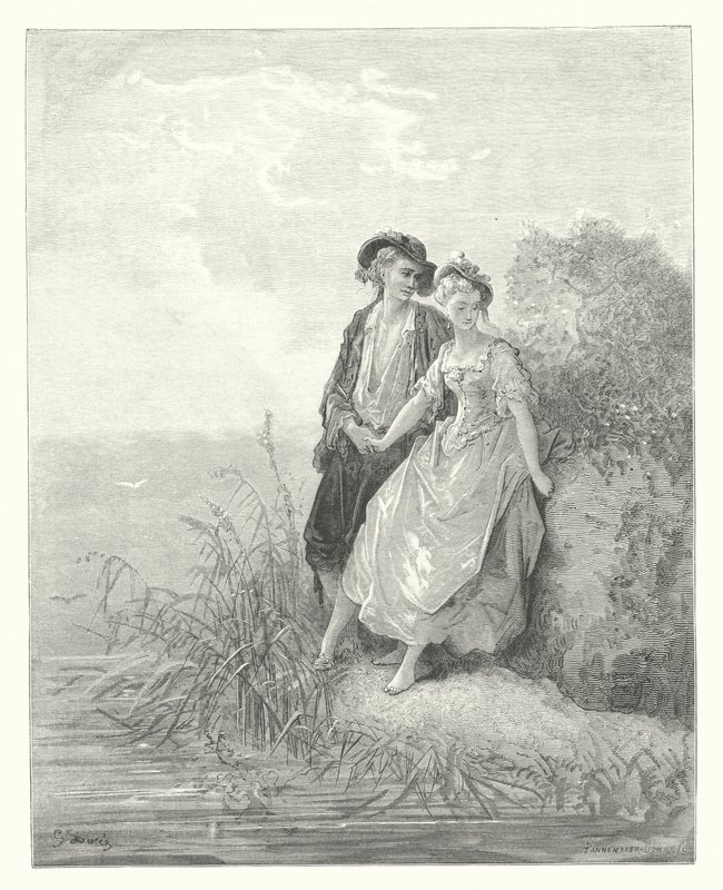 De fabels van La Fontaine: Tircis en Amaranth (gravure) door Gustave Dore