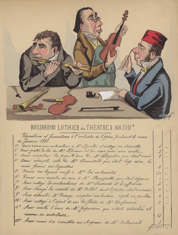 Rekening voor muziekinstrumenten voor het orkest van de opera door Gustave Frison