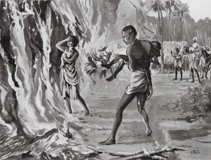 Dorpelingen verbranden zichzelf om de Pindharis te vermijden door H. M. (after) Burton