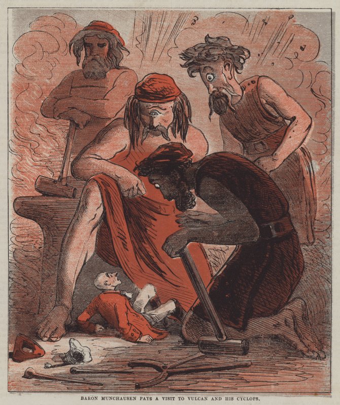 Baron Munchausen bezoekt Vulcanus en zijn Cyclopen door after Hablot Knight Browne