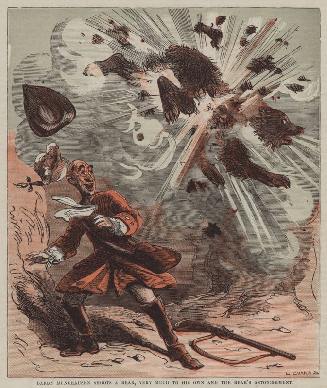 Baron Munchausen schiet een beer, tot grote verbazing van zichzelf en de beer door after Hablot Knight Browne