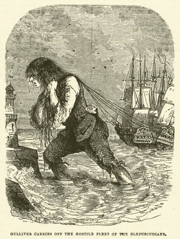 Gulliver voert de vijandige vloot van de Blefuscudians weg (gravure) door after Hablot Knight Browne