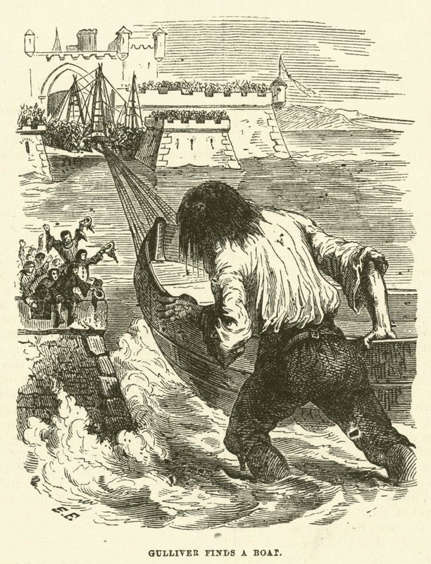 Gulliver vindt een boot (gravure) door after Hablot Knight Browne