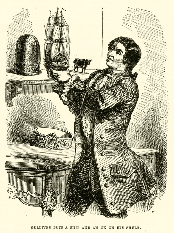 Gulliver zet een schip en een os op zijn plank (gravure) door after Hablot Knight Browne