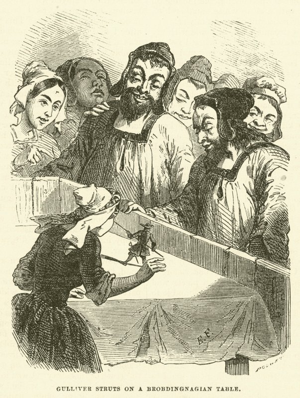 Gulliver paradeert op een Brobdingnagische tafel (gravure) door after Hablot Knight Browne
