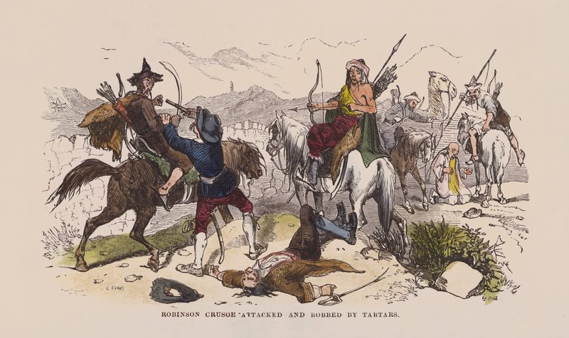 Robinson Crusoe aangevallen en beroofd door Tartaren door after Hablot Knight Browne