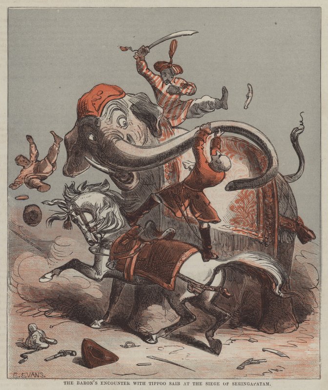 De ontmoeting van de baron met Tippoo Saib bij het beleg van Seringapatam door after Hablot Knight Browne