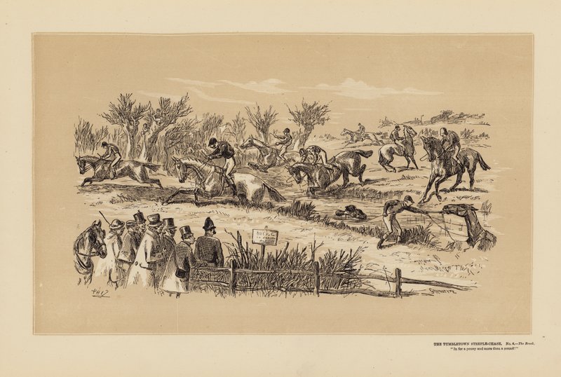 De Tumbletown Steeple-Chase, nr. 6, De beek door Hablot Knight (1815 92) Browne