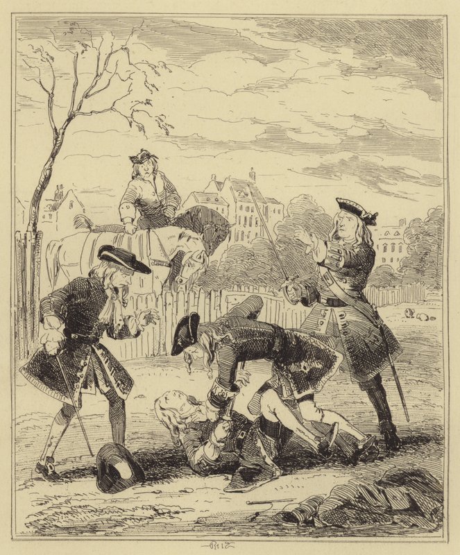 Duel tussen Lord Mahon en de hertog van Hamilton door Hablot Knight Browne