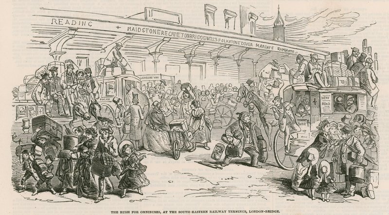 De grote cab-staking: De stormloop op omnibussen, bij het South-Eastern Railway Terminus, London Bridge door Hablot Knight Browne