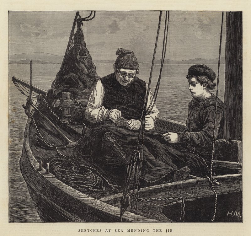 Schetsen op zee, het repareren van de fok door Hamilton Macallum