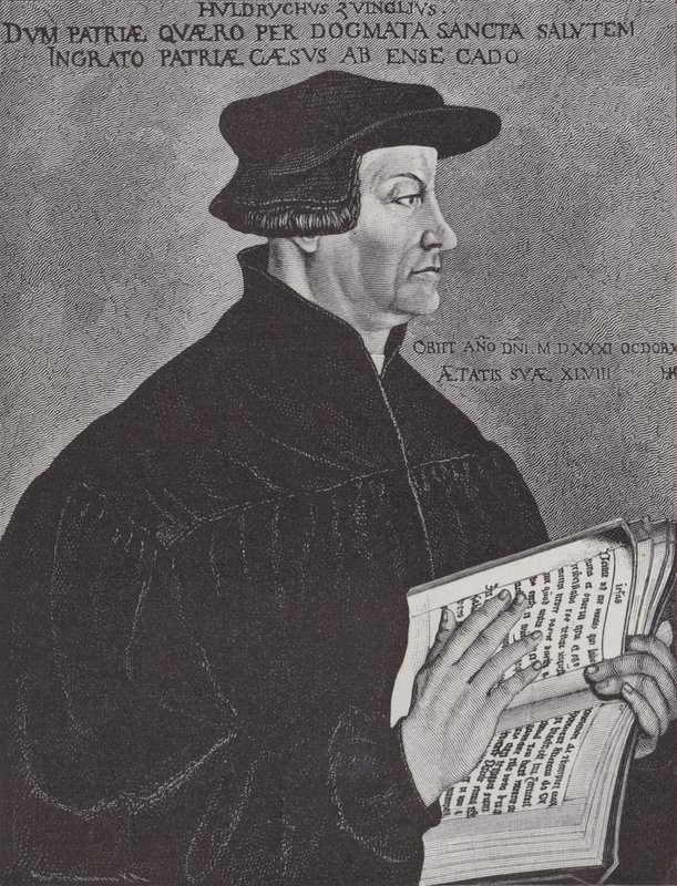 Huldrych Zwingli, leider van de Reformatie in Zwitserland (gravure) door Hans (after) Asper