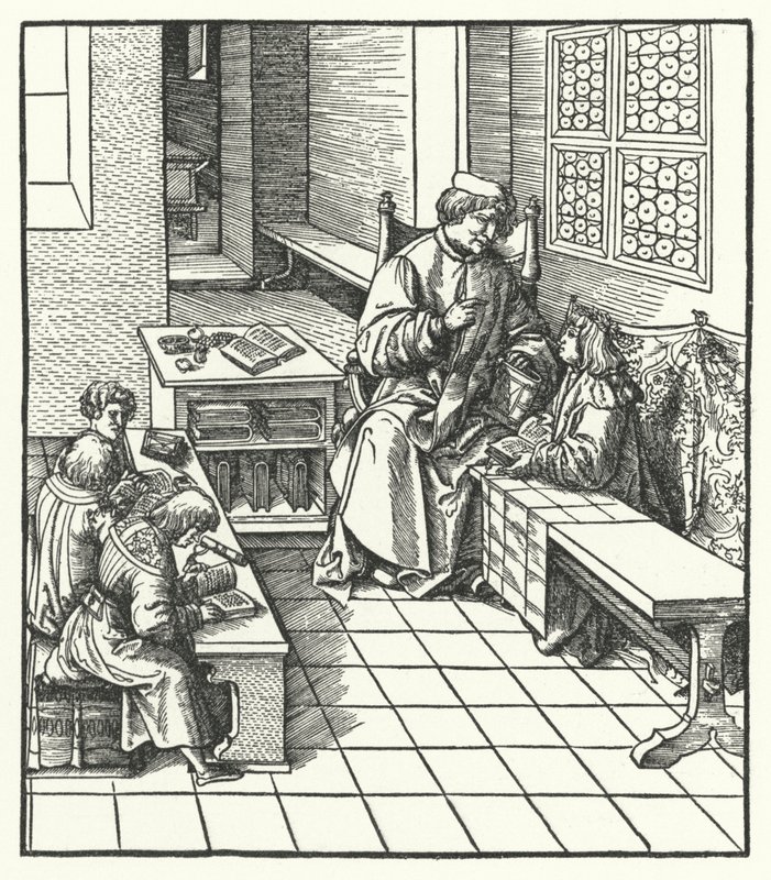 Aartshertog Maximiliaan van Oostenrijk op school als kind door Hans (after) Burgkmair