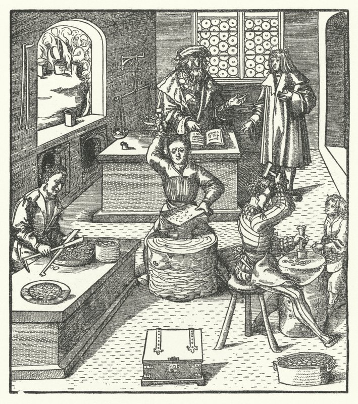 Aartshertog Maximiliaan van Oostenrijk bij de munt (gravure) door Hans (after) Burgkmair
