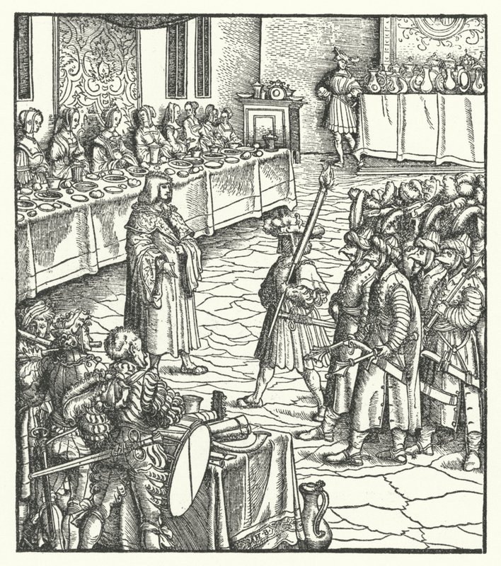 Aartshertog Maximiliaan van Oostenrijk regisseert een mummenspel door Hans (after) Burgkmair