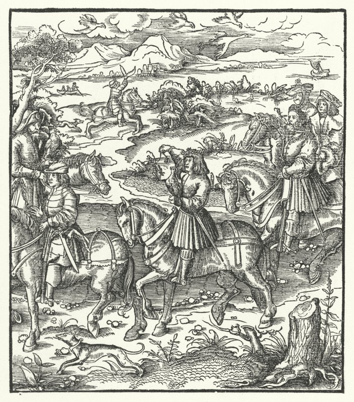 Aartshertog Maximiliaan van Oostenrijk op Reigerjacht door Hans (after) Burgkmair