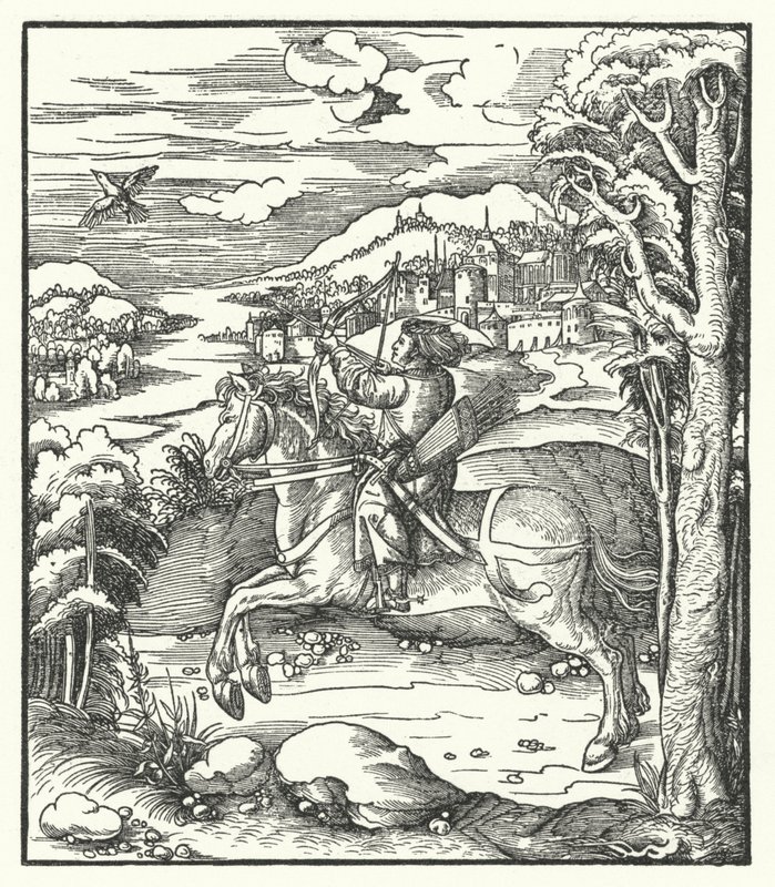 Aartshertog Maximiliaan van Oostenrijk op jacht te paard door Hans (after) Burgkmair