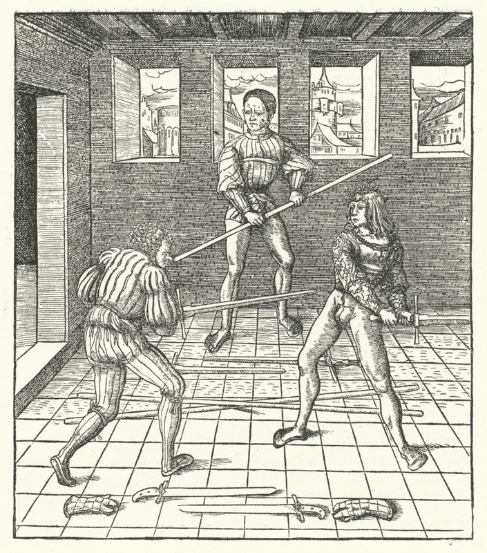 Aartshertog Maximiliaan van Oostenrijk leert de kunst van het schermen door Hans (after) Burgkmair
