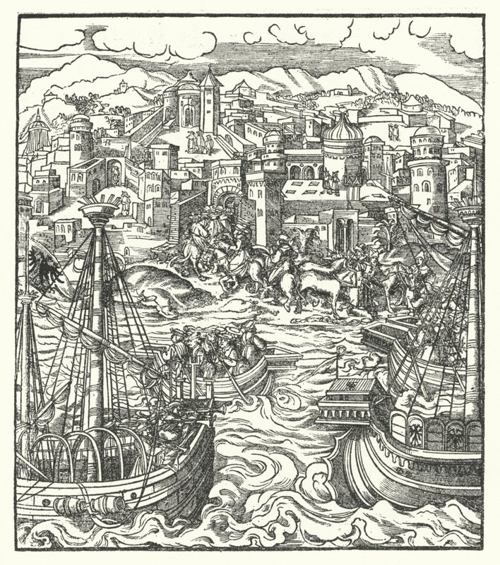 Frederik III, Heilige Roomse Keizer, arriveert in Rome met zijn bruid, Eleonora van Portugal door Hans (after) Burgkmair