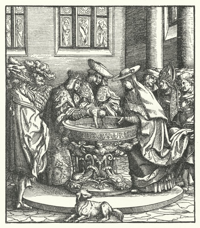 De doop van aartshertog Maximiliaan van Oostenrijk door Hans (after) Burgkmair