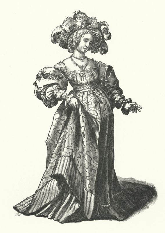 Kostuum van een vrouw uit Basel (gravure) door Hans (after) Holbein the Younger