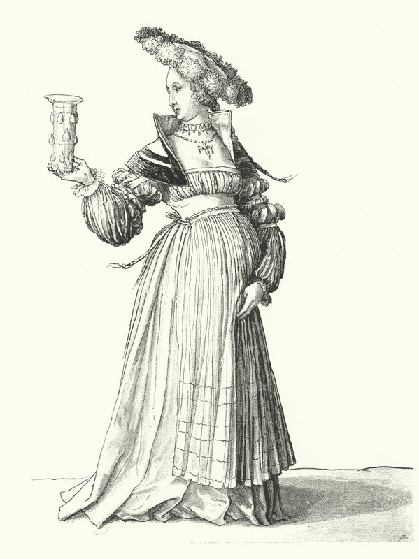 Kostuum van een vrouw uit Basel (gravure) door Hans (after) Holbein the Younger