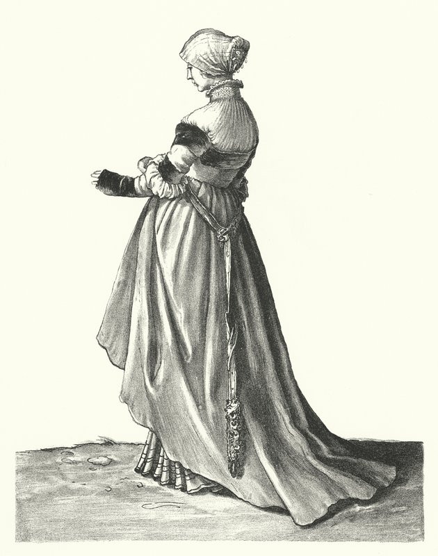 Kostuum van een vrouw uit Basel door Hans (after) Holbein the Younger