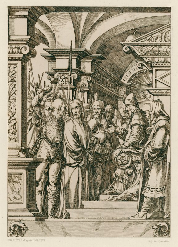 Jezus Christus voor Kajafas door Hans (after) Holbein the Younger