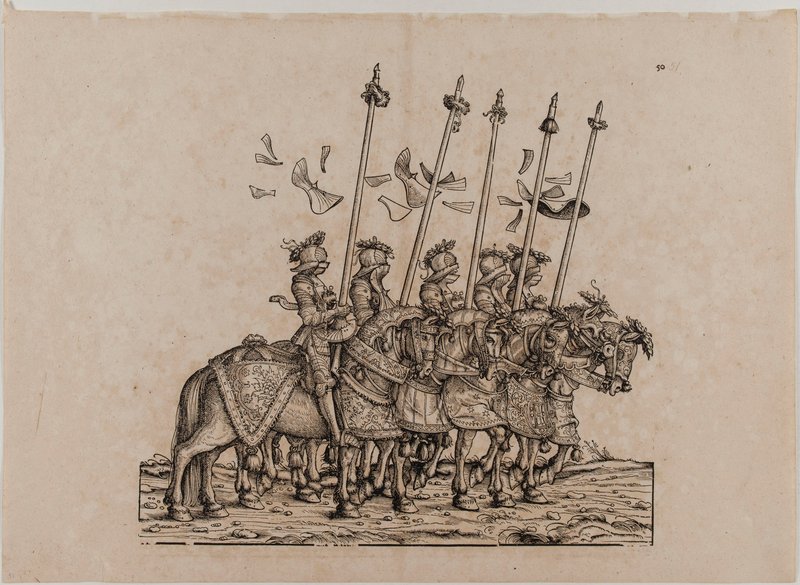 De triomf van keizer Maximiliaan I: Eenenvijftigste bord, deelnemers aan de Rennen door Hans Burgkmair