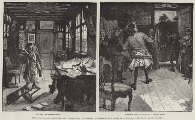 Illustraties, uit de Jubileumeditie van Holbergs Toneelstukken, uitgegeven door E Bojesen, voor het Holberg Jubileumfestival door Hans Tegner