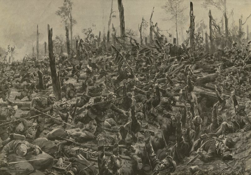 Duitse aanval op Franse blokhuizen en loopgraven in het Bois-le-Pretre na het artilleriebombardement van 5 juli 1915 door Hans W. (after) Schmidt