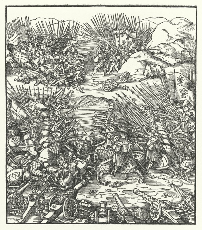 Slag tussen de Franse en Venetiaanse legers tijdens de Oorlog van de Liga van Cambrai, 1509 door Hans after Burgkmair