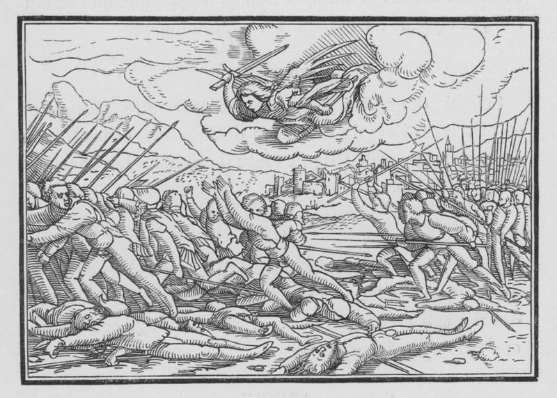 Een engel vernietigt het Assyrische leger, 2 Kronieken XXXII, 21 door Hans after Holbein the Younger