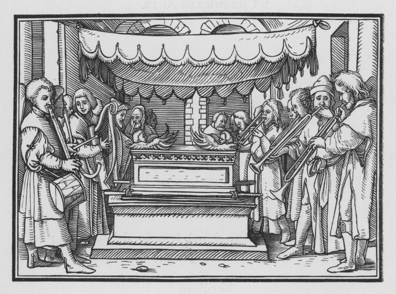 David stelt een groep zangers en muziek aan om de Heer te prijzen, 1 Kronieken XVI, 4 door Hans after Holbein the Younger