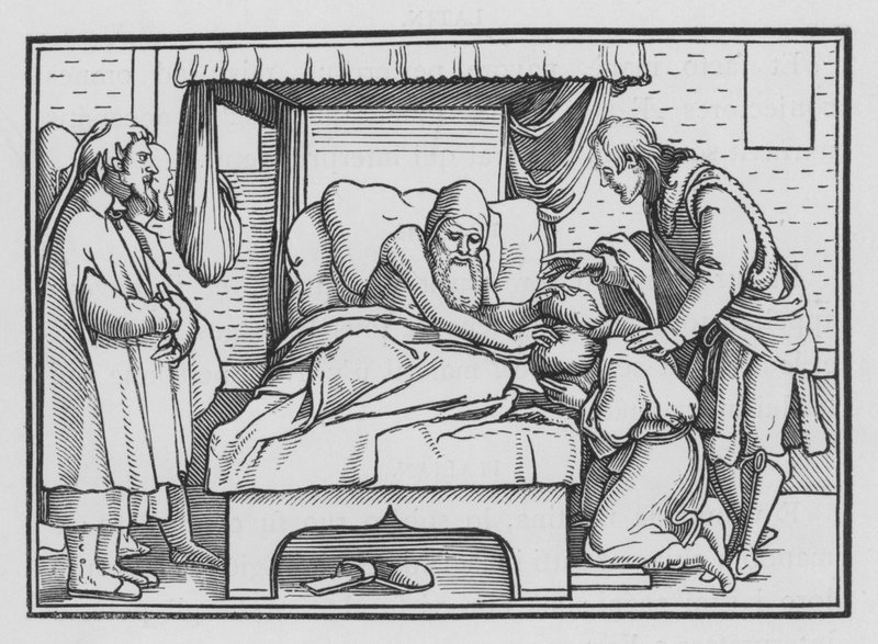 Jakob zegent Jozef en zijn twee zonen, Genesis XLVIII, 14 door Hans after Holbein the Younger