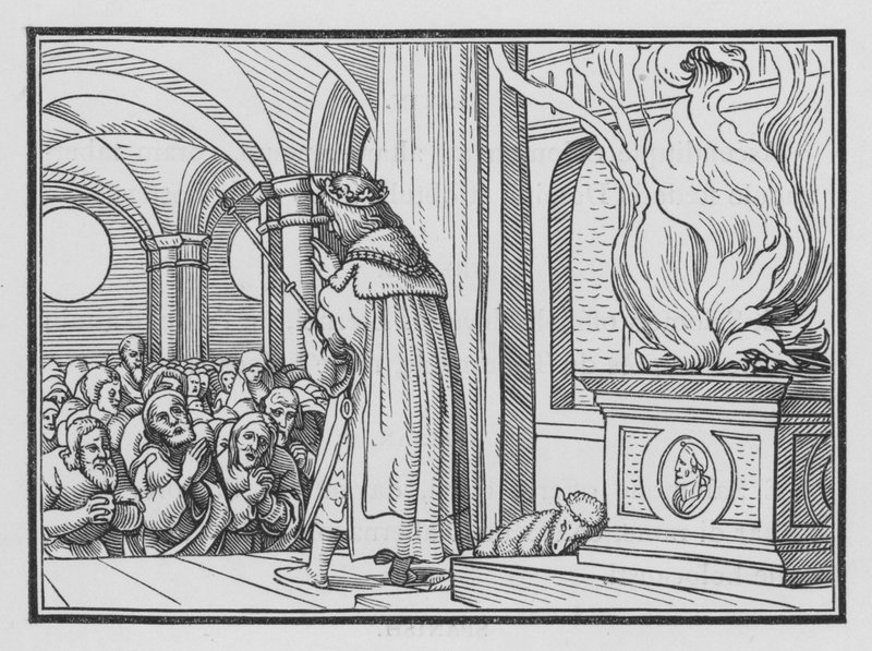 Salomo zegent het volk en prijst God, 2 Kronieken VI, 12 door Hans after Holbein the Younger