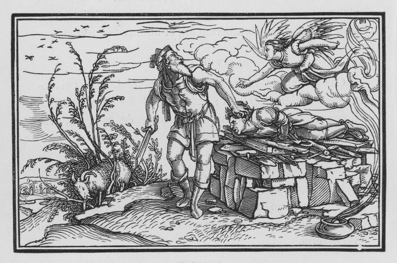 De beproeving van Abrahams geloof, Genesis XXII, 10 door Hans after Holbein the Younger