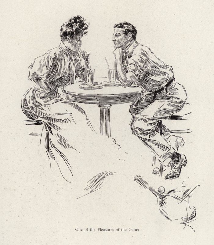 Koppel dat een drankje drinkt na een tennisspel (kleur litho) door Harrison Fisher