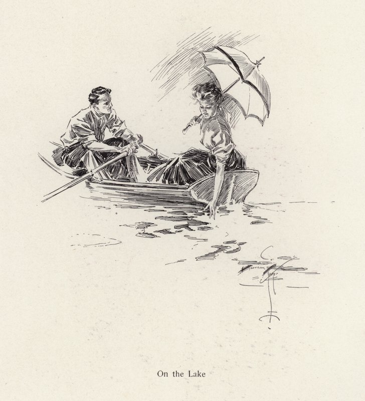 Man en vrouw in een roeiboot op het meer (litho) door Harrison Fisher