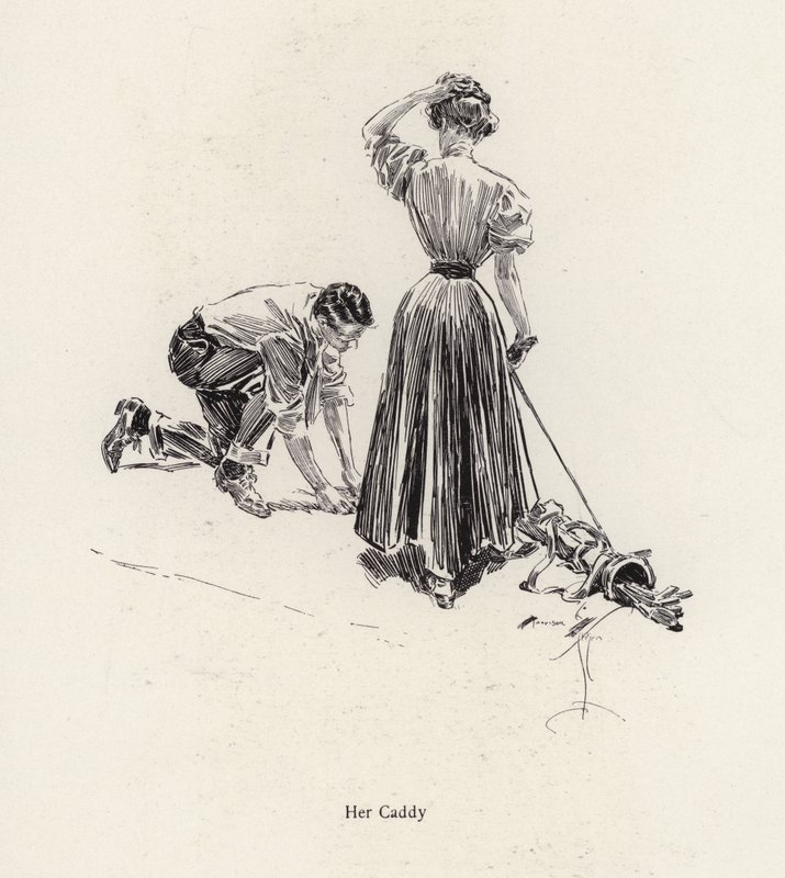 Man die caddiet voor een vrouw op de golfbaan door Harrison Fisher