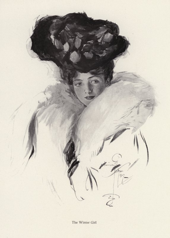 Portret van een jonge vrouw met een hoed en bontjas door Harrison Fisher