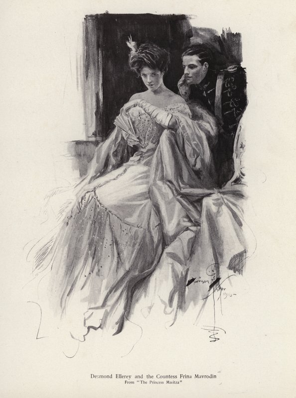 Twee personages, Desmond Ellery en de gravin Frina Mavrodin uit de roman The Princess Moritza, door Percy Brebner door Harrison Fisher
