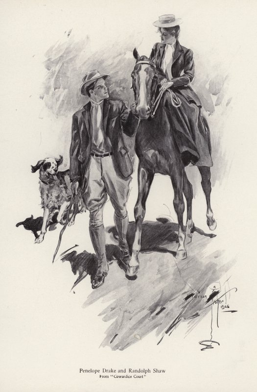 Twee personages, Penelope Drake en Randolph Shaw uit de roman, Cowardice Court, door George Barr McCutcheon (litho) door Harrison Fisher