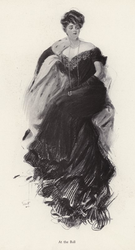 Vrouw in een avondjurk op een bal (litho) door Harrison Fisher