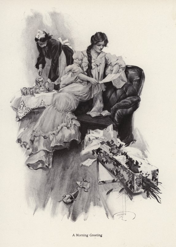 Jonge vrouw die een boeket bloemen en een brief van een bewonderaar ontvangt (litho) door Harrison Fisher