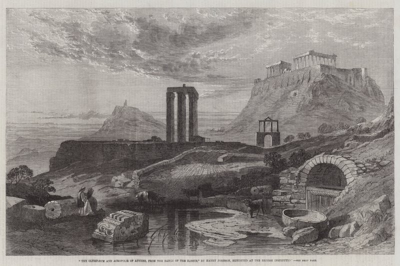 Het Olympaeum en de Akropolis van Athene, vanaf de Oevers van de Ilissus, tentoongesteld bij de British Institution door Harry John Johnson