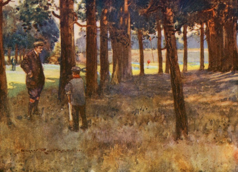 Golfbanen: Mildenhall, het resultaat van een slechte slice op de zesde hole door Harry (1878 1950) Rountree