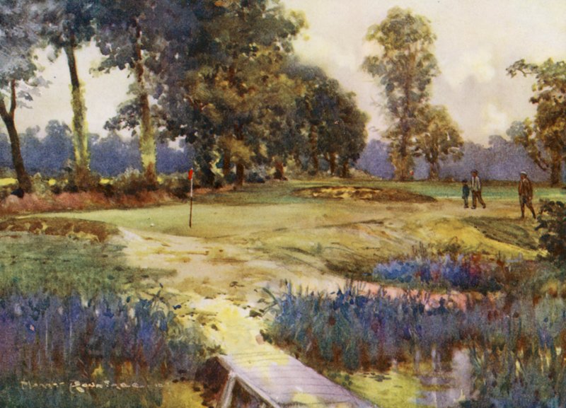Golfbanen: Romford, de zesde green door Harry (1878 1950) Rountree