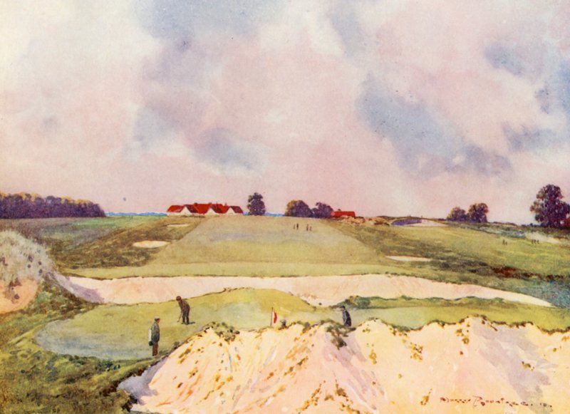 Golfbanen: Sandy Lodge, de eerste green, kijkend naar het clubhuis door Harry (1878-1950) Rountree